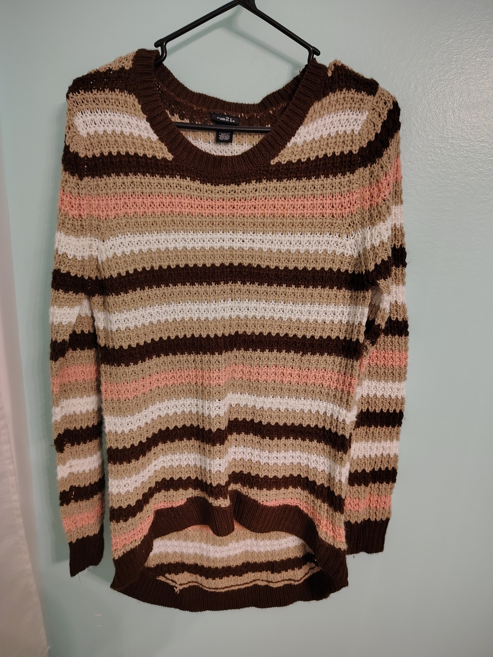 Rue21 Striped Crochet Crewneck Sweater in Brown, Cream & Pink